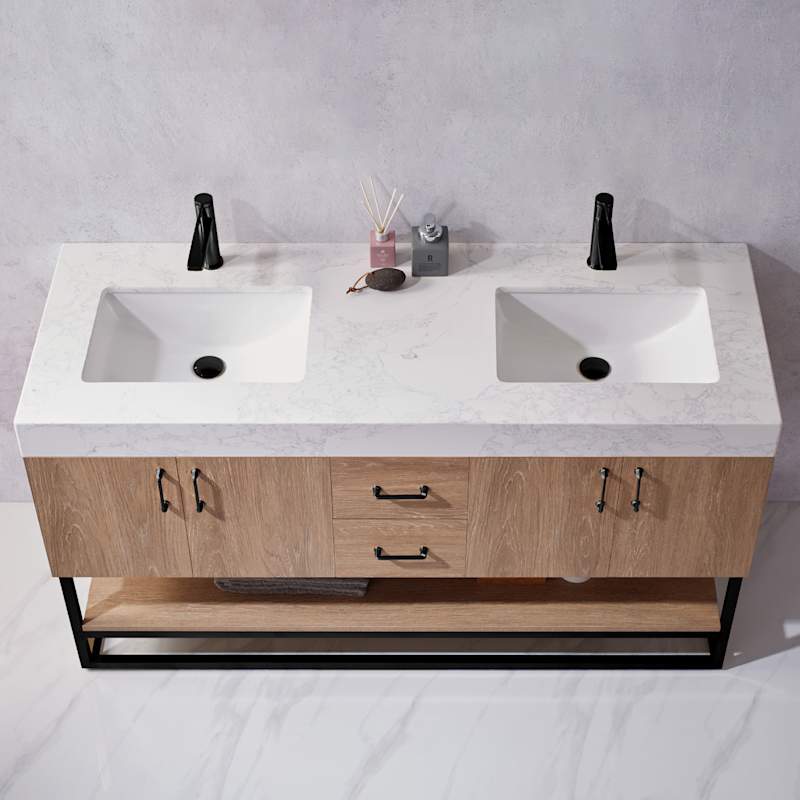 Miseno Alistair 60" Free Standing Double Basin Vanity Set with Cabinet, Stone Top, USB Port & Electrical Outlet - North American Oak