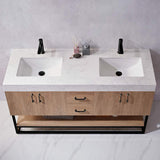 Miseno Alistair 60" Free Standing Double Basin Vanity Set with Cabinet, Stone Top, USB Port & Electrical Outlet - North American Oak
