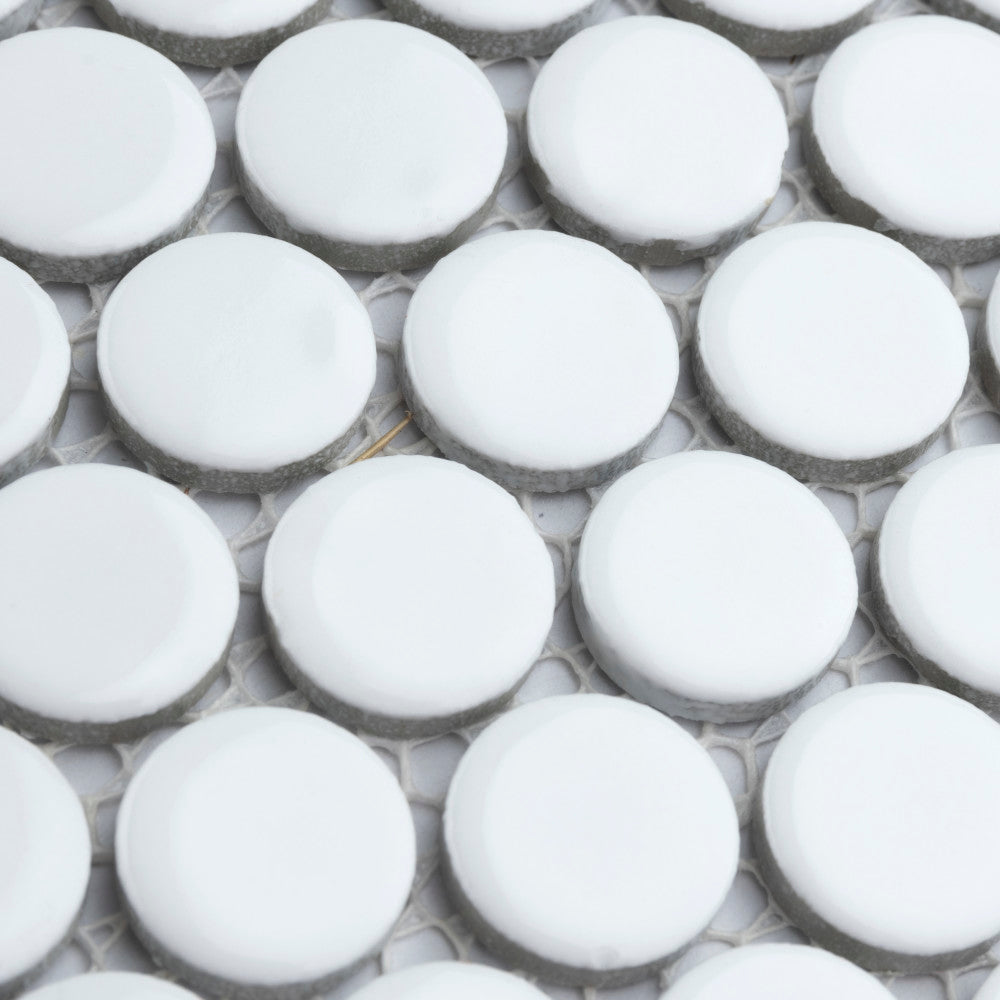 Merola Tile Hudson Penny Round Glossy White 12 in. x 12-5/8 in. x 5 mm Porcelain Mosaic Tile (10.74 sq. ft. / Case)