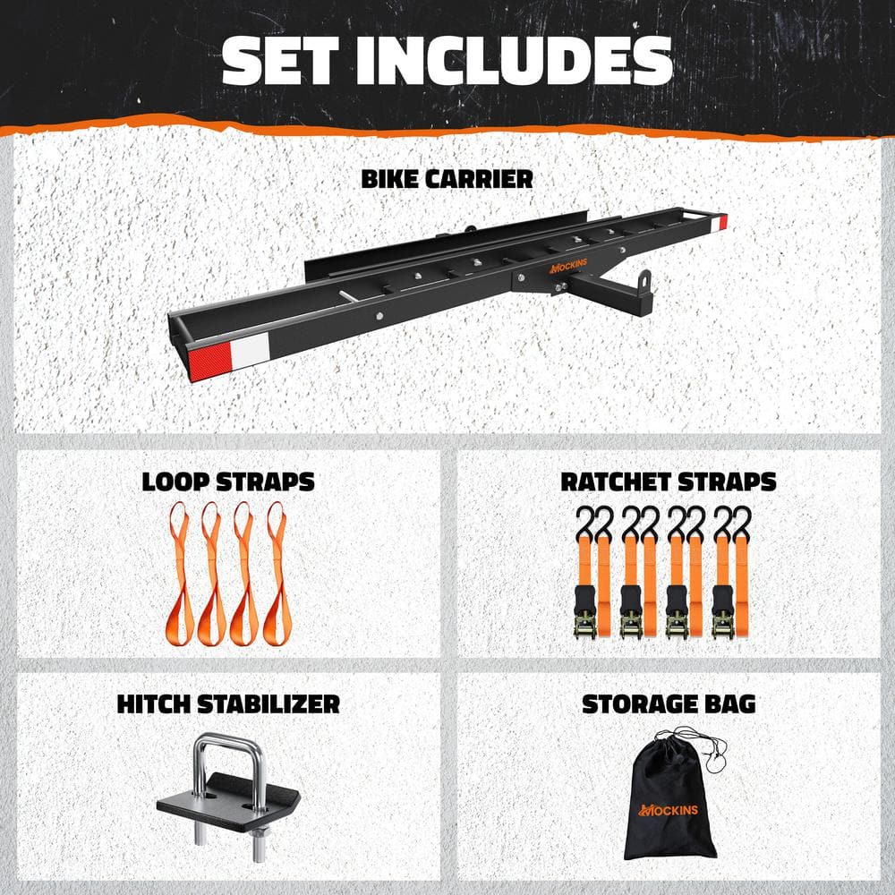 Mockins 510 lbs. Capacity Steel Hitch Mount Dirt Bike Carrier 73" Motorcycle Carrier with Loading Ramp, Straps and Stabilizer