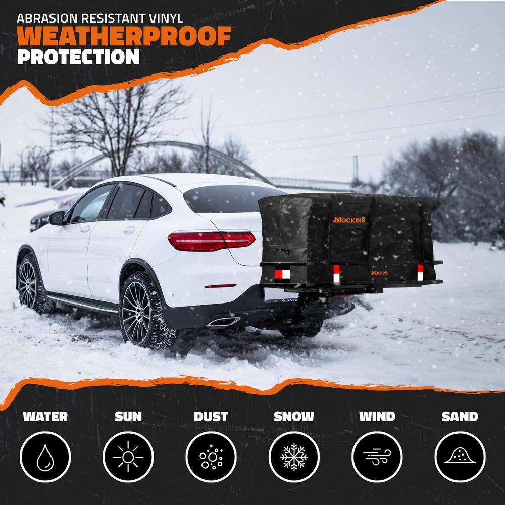 Mockins 48in. x 20in. x 6in. Raised Hitch Cargo Carrier Basket w/ 6 in. Shank Rise, 15 cu. ft. Cargo Carrier Bag and Accessories