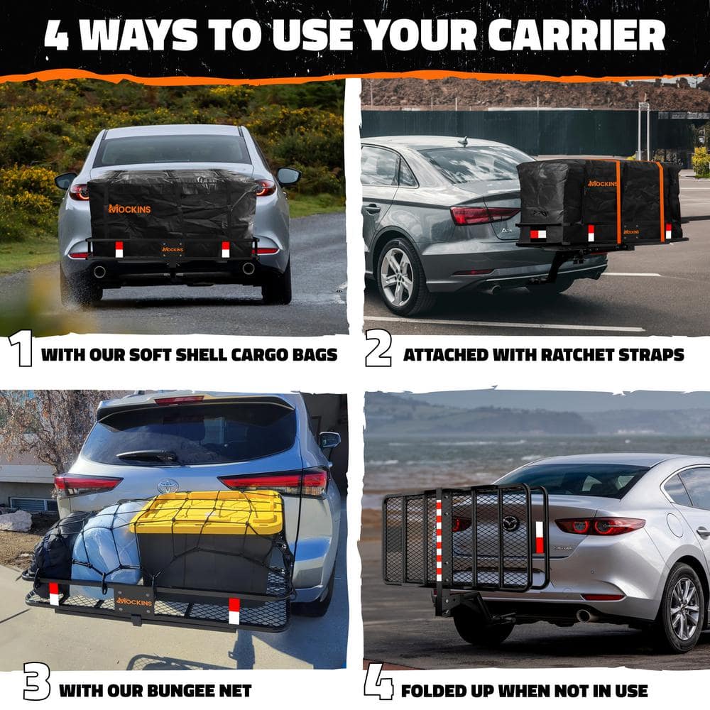 Mockins 48in. x 20in. x 6in. Raised Hitch Cargo Carrier Basket w/ 6 in. Shank Rise, 15 cu. ft. Cargo Carrier Bag and Accessories