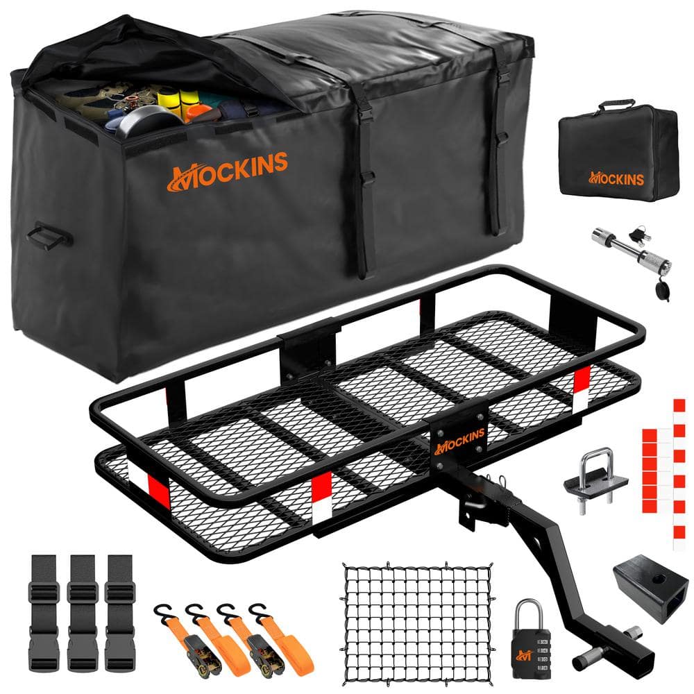 Mockins 48in. x 20in. x 6in. Raised Hitch Cargo Carrier Basket w/ 6 in. Shank Rise, 15 cu. ft. Cargo Carrier Bag and Accessories