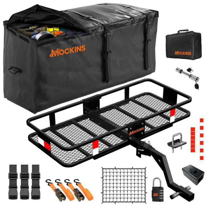 Mockins 48in. x 20in. x 6in. Raised Hitch Cargo Carrier Basket w/ 6 in. Shank Rise, 15 cu. ft. Cargo Carrier Bag and Accessories