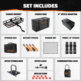Mockins 48in. x 20in. x 6in. Raised Hitch Cargo Carrier Basket w/ 6 in. Shank Rise, 15 cu. ft. Cargo Carrier Bag and Accessories