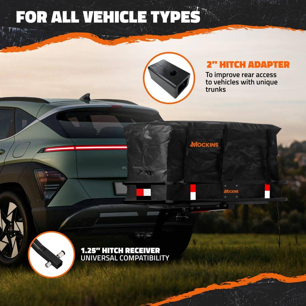 Mockins 48in. x 20in. x 6in. Raised Hitch Cargo Carrier Basket w/ 6 in. Shank Rise, 15 cu. ft. Cargo Carrier Bag and Accessories