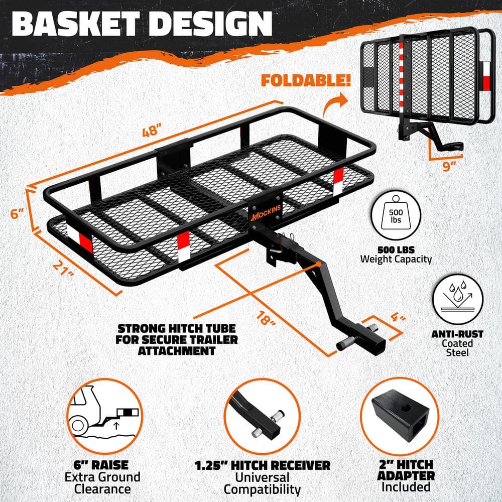 Mockins 48in. x 20in. x 6in. Raised Hitch Cargo Carrier Basket w/ 6 in. Shank Rise, 15 cu. ft. Cargo Carrier Bag and Accessories