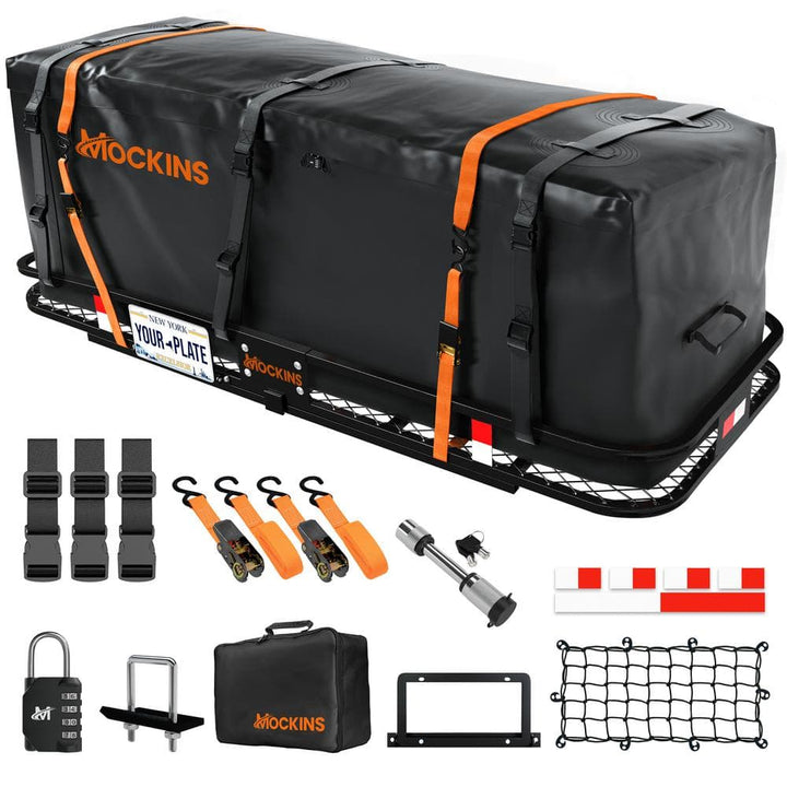 Mockins 500 lb. Capacity Hitch Mount Cargo Carrier Basket with 16 cu. ft. Cargo Bag, Straps, Net, Folding Shank and 2 in. Raise