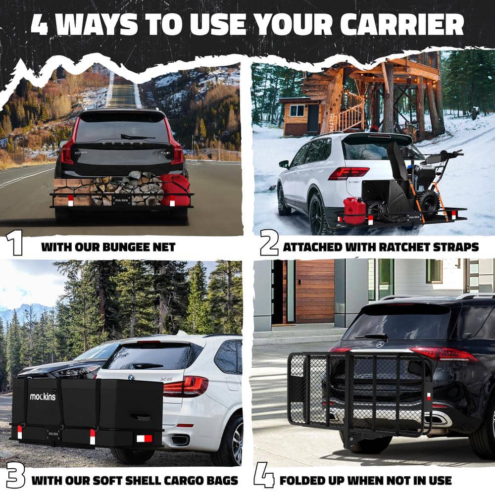 Mockins 500 lbs. Capacity Hitch Mount Cargo Carrier Set with Net, Basket, Straps, Foldable Shank and 2 in. Raise