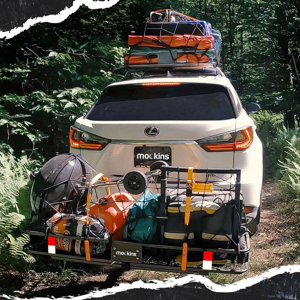 Mockins 500 lbs. Capacity Hitch Mount Cargo Carrier Set with Net, Basket, Straps, Foldable Shank and 2 in. Raise