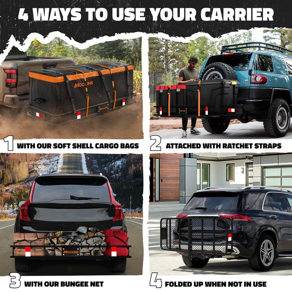 Mockins 500 lbs. Capacity Hitch Mount Cargo Carrier Basket, 16 cu. ft. Cargo Bag , Thick Straps, Foldable Shank and 2 in. Raise