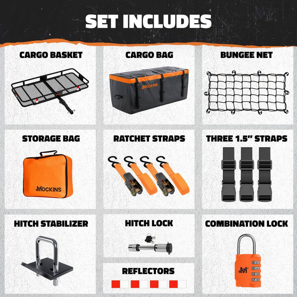 Mockins 500 lbs. Capacity Hitch Mount Cargo Carrier Basket, 16 cu. ft. Cargo Bag , Thick Straps, Foldable Shank and 2 in. Raise