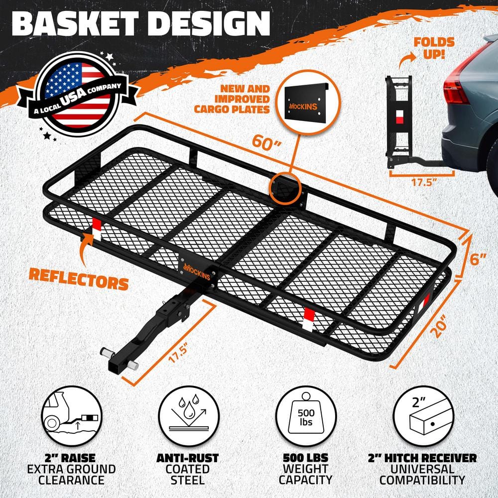 Mockins 500 lbs. Capacity Hitch Mount Cargo Carrier Basket, 16 cu. ft. Cargo Bag , Thick Straps, Foldable Shank and 2 in. Raise