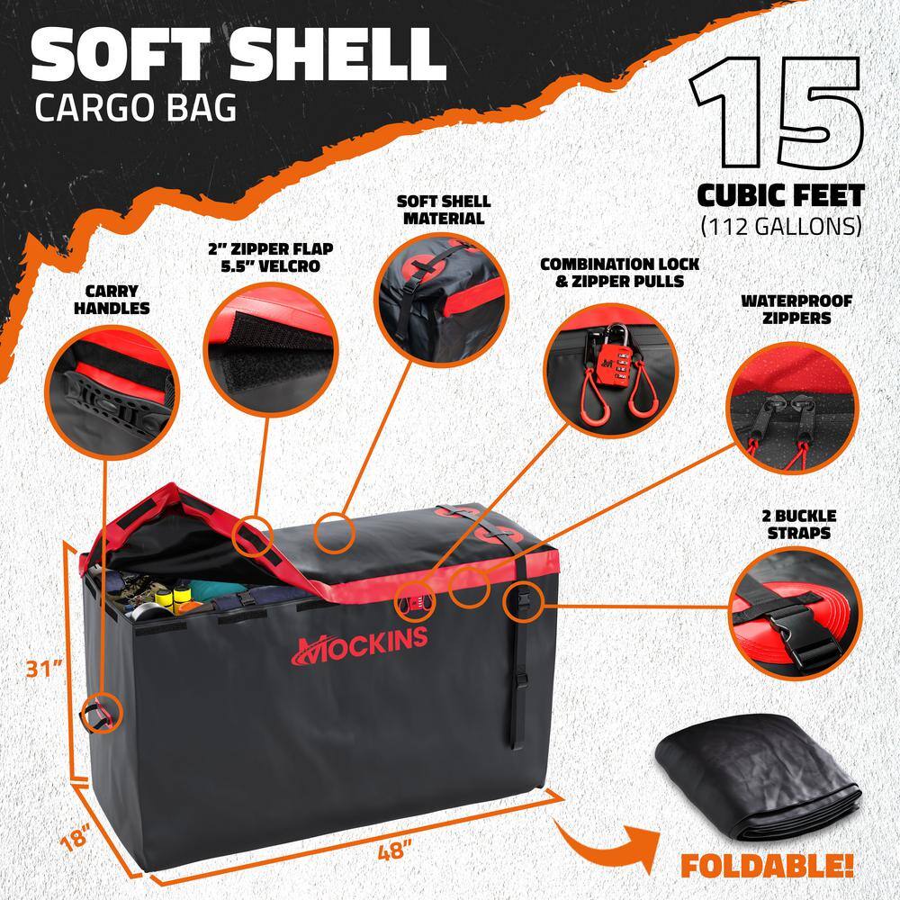 Mockins 500lb Capacity Rustproof Hitch Mount Cargo Carrier 48inx18inx6in + 15 Cu.ft Waterproof Cargo Bag and Packing Cubes, Red