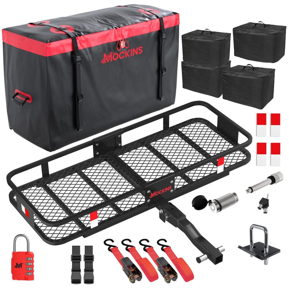 Mockins 500lb Capacity Rustproof Hitch Mount Cargo Carrier 48inx18inx6in + 15 Cu.ft Waterproof Cargo Bag and Packing Cubes, Red