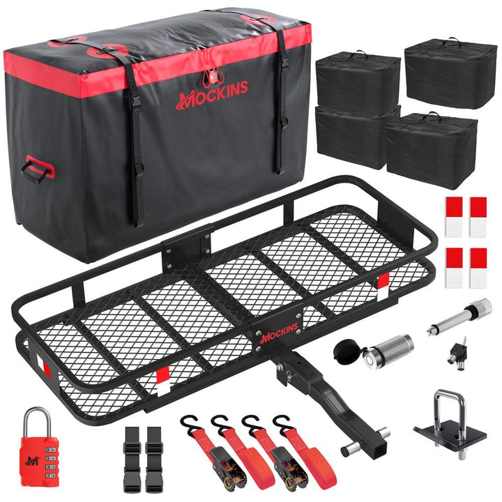 Mockins 500lb Capacity Rustproof Hitch Mount Cargo Carrier 48inx18inx6in + 15 Cu.ft Waterproof Cargo Bag and Packing Cubes, Red