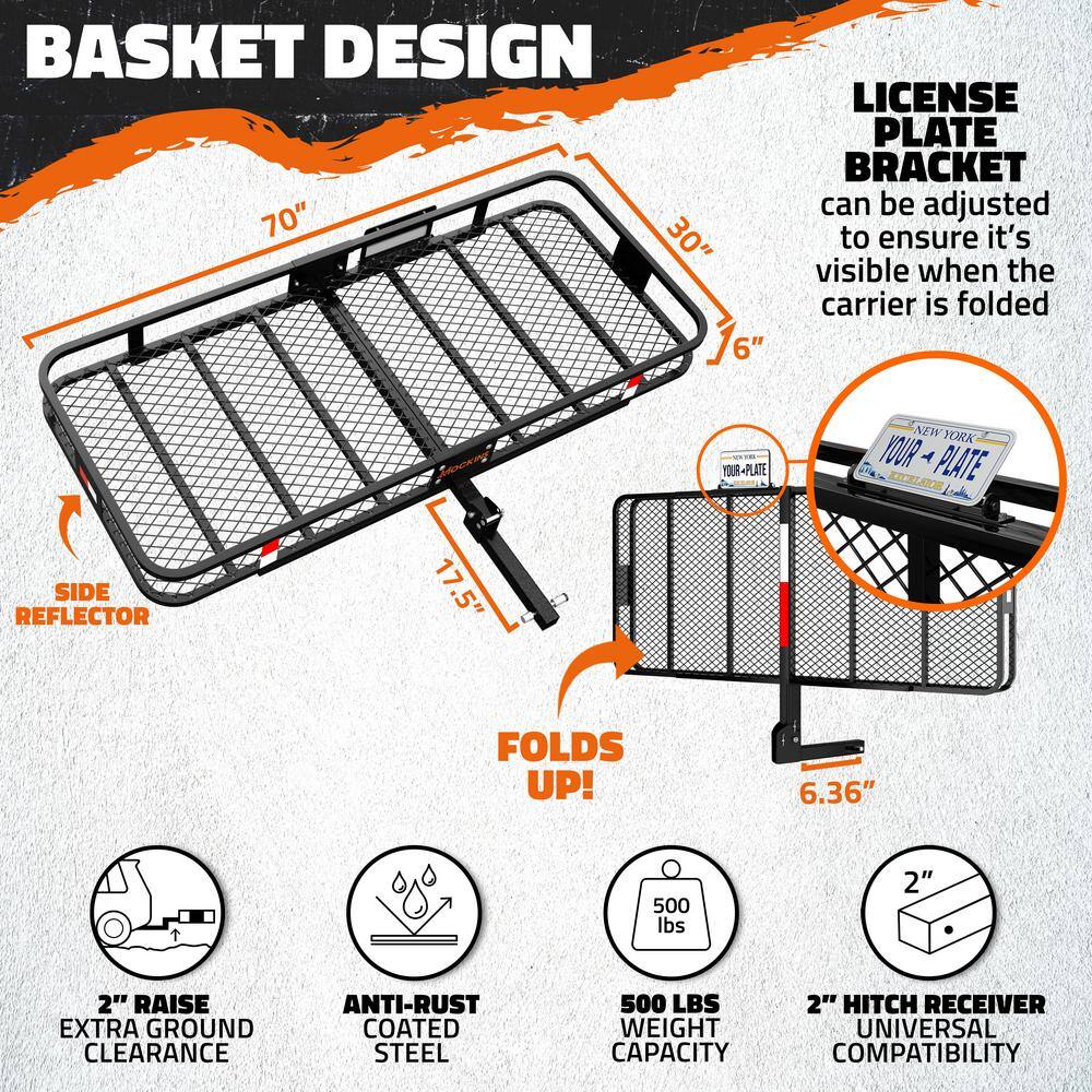 Mockins 500lb Capacity Rustproof Hitch Mount Cargo Carrier 70inx30inx 6in Foldable Extra Strong Arm & Increased Ground Clearance