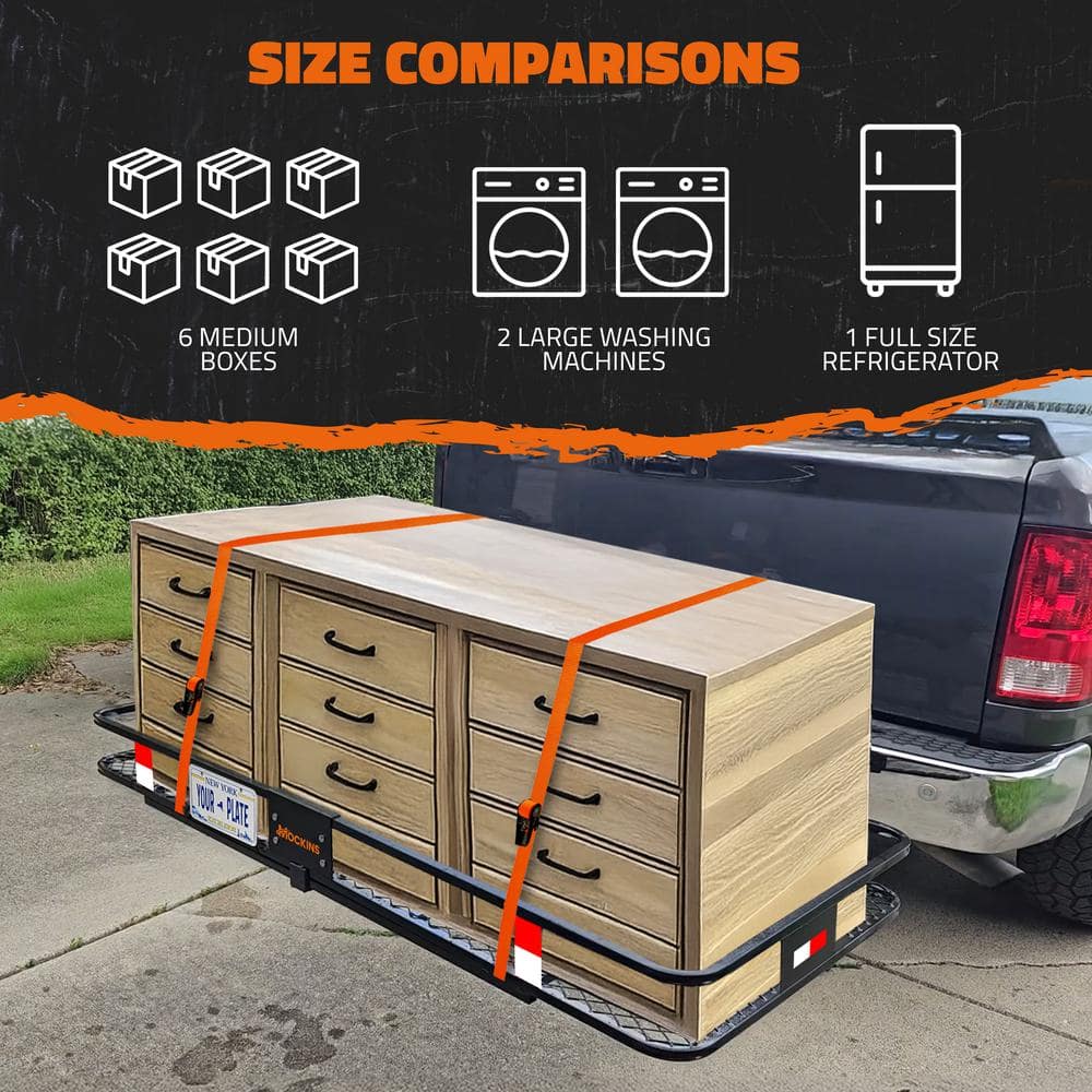 Mockins 500lb Capacity Rustproof Hitch Mount Cargo Carrier 70inx30inx 6in Foldable Extra Strong Arm & Increased Ground Clearance