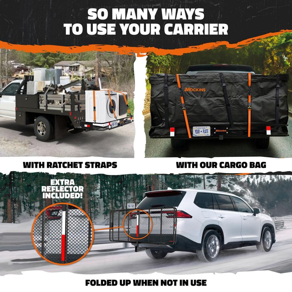 Mockins 500lb Capacity Rustproof Hitch Mount Cargo Carrier 70inx30inx 6in Foldable Extra Strong Arm & Increased Ground Clearance