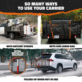 Mockins 500lb Capacity Rustproof Hitch Mount Cargo Carrier 70inx30inx 6in Foldable Extra Strong Arm & Increased Ground Clearance