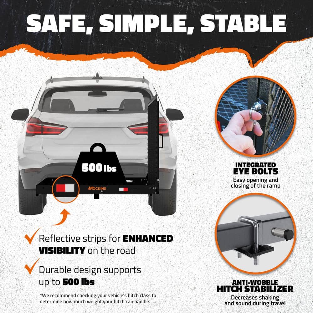 Mockins 550 lbs. Capacity Hitch Mount Wheelchair Mobility Ramp Carrier w/ Rubber Strip for Smooth Loading and Scratch Prevention