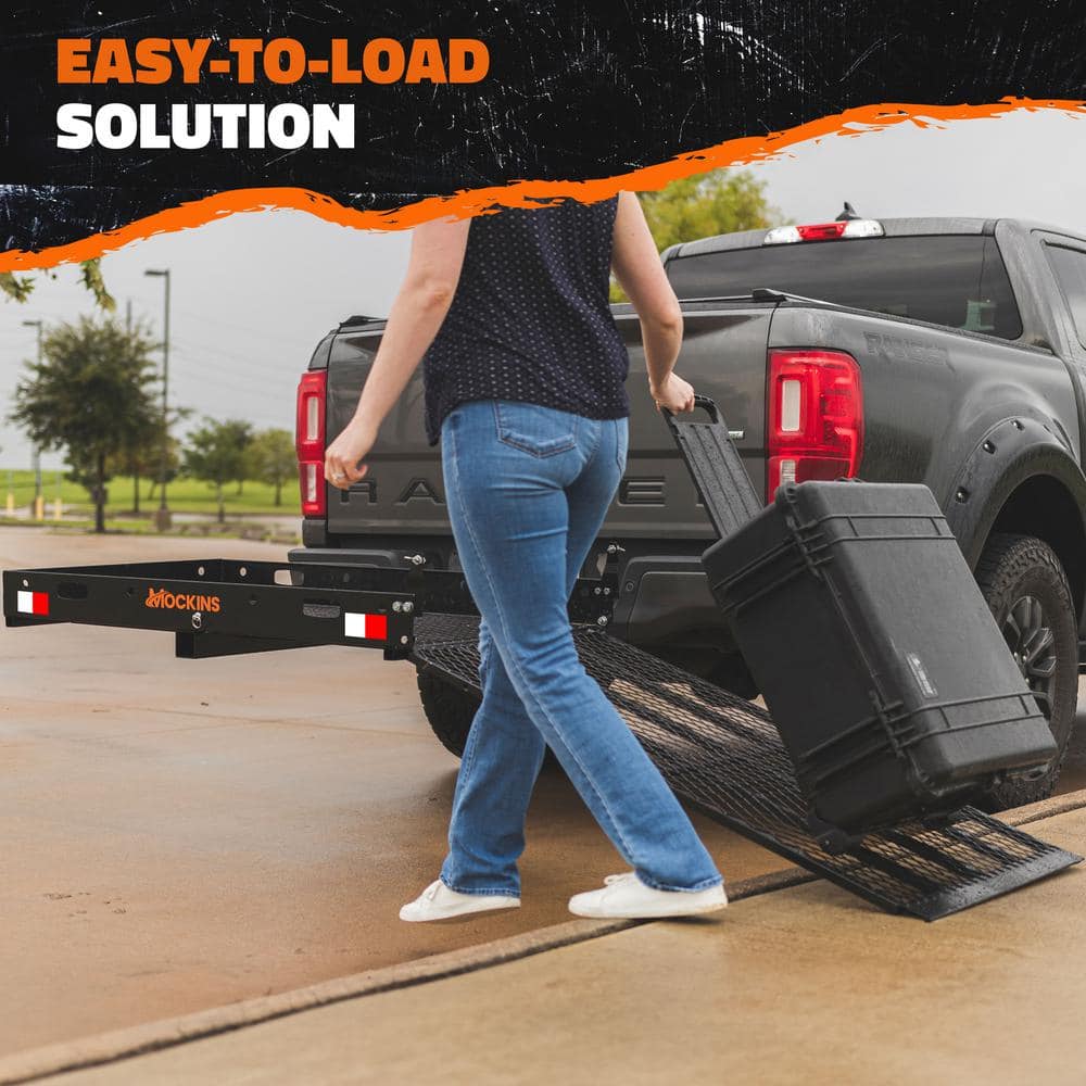 Mockins 550 lbs. Capacity Hitch Mount Wheelchair Mobility Ramp Carrier w/ Rubber Strip for Smooth Loading and Scratch Prevention
