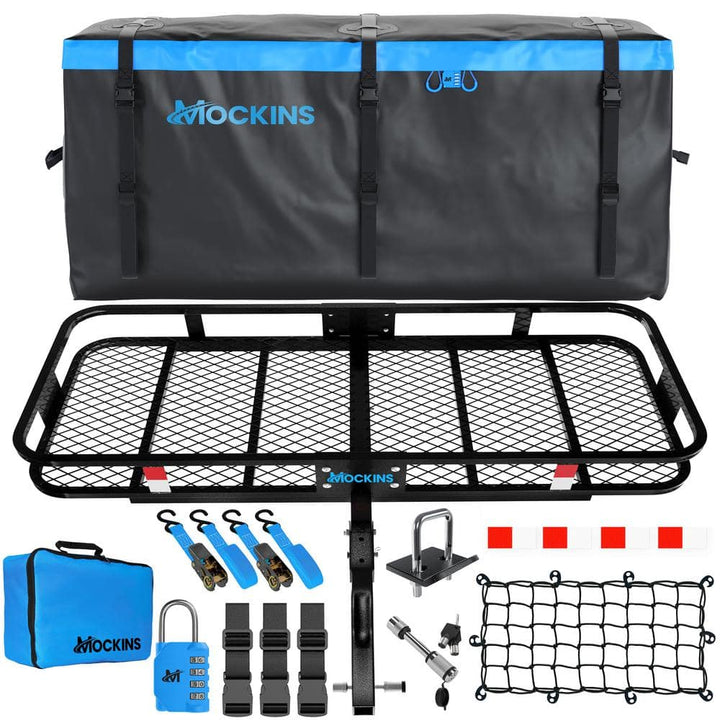 Mockins 500 lbs. Capacity XL Hitch Mount Cargo Carrier Set - Folding Shank and 2 in. Raise, Cargo Bag, Net, Straps, Locks - Blue