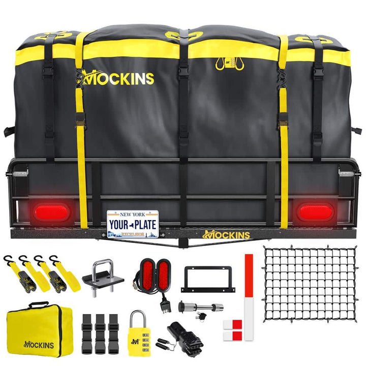 Mockins 500 lbs. Capacity 60 in. x 24 in. x 14 in. Hitch Cargo Carrier w/High Rails, Rear Lights, 30 CuFt Cargo Bag, Net, Straps