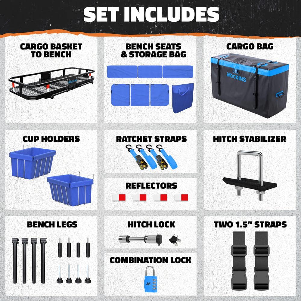 Mockins 48in x 18in x 6in. 2-in-1 Hitch Mount Cargo Carrier and Hitch Bench with 15CuFt Cargo Bag, Cushion Set and Accessories