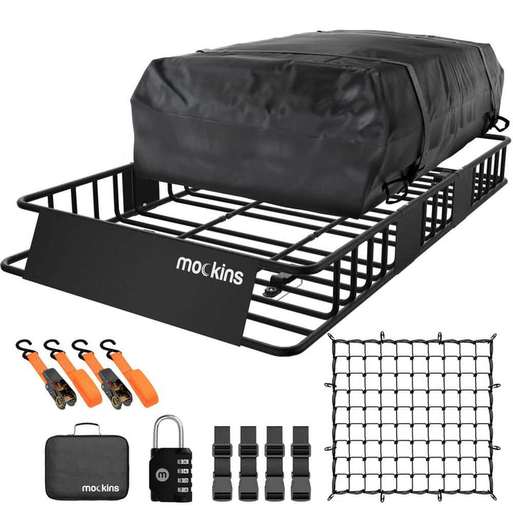 Mockins 250 lb. Roof Rack Basket with 16 CF Roof Bag - Roof Rack Cargo Basket Adjusts from 43-64 in. L x 39 in. W x 6 in. H