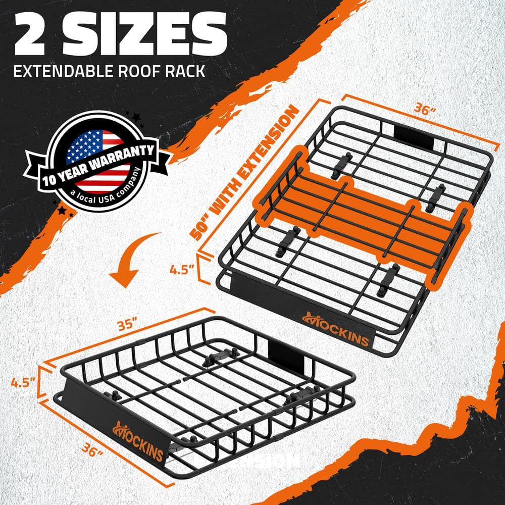 Mockins 35-50 in. L x 36 in. W x 4.5 in. H Extendable Rooftop Cargo Carrier - 250 lbs. Capacity Roof Rack with Net and Straps