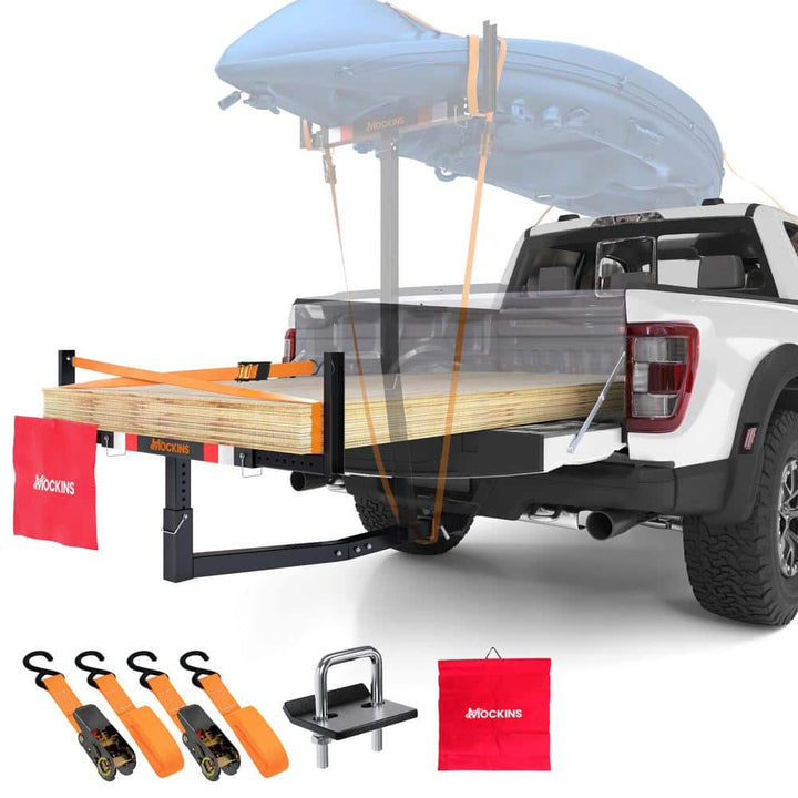 Mockins 750 lbs. Capacity Pickup Truck Bed Extender with Flag, Stabilizer and Ratchet Straps, 2-in-1 Design