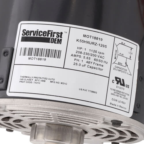 Trane MOT18819 motor - label view (Voltage: 200-230V; Horse Power: 1)