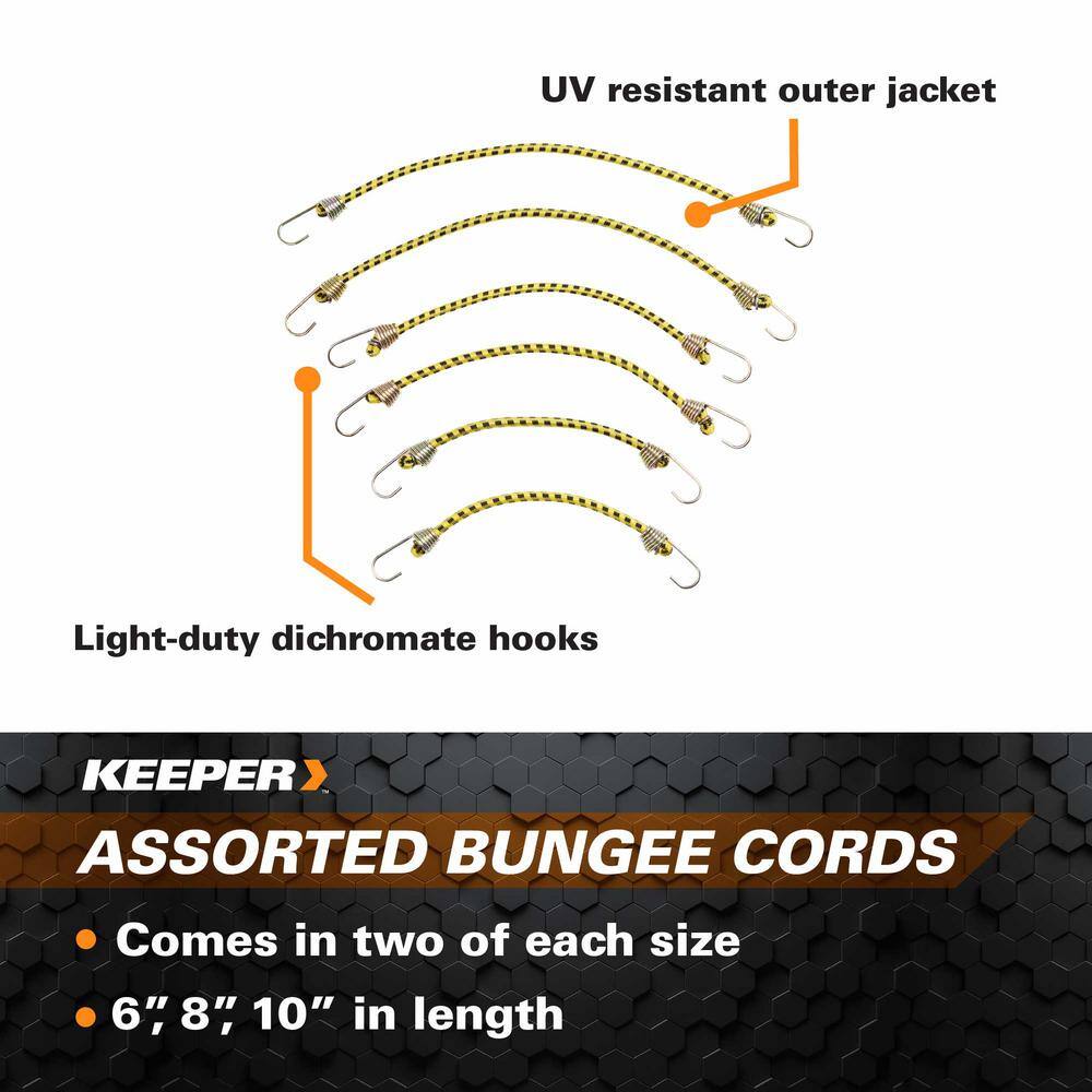 Keeper Mini Bungee Cords Assorted Lengths (2x 6 in., 2x 8 in., 2x 10 in.) - 6 Pack