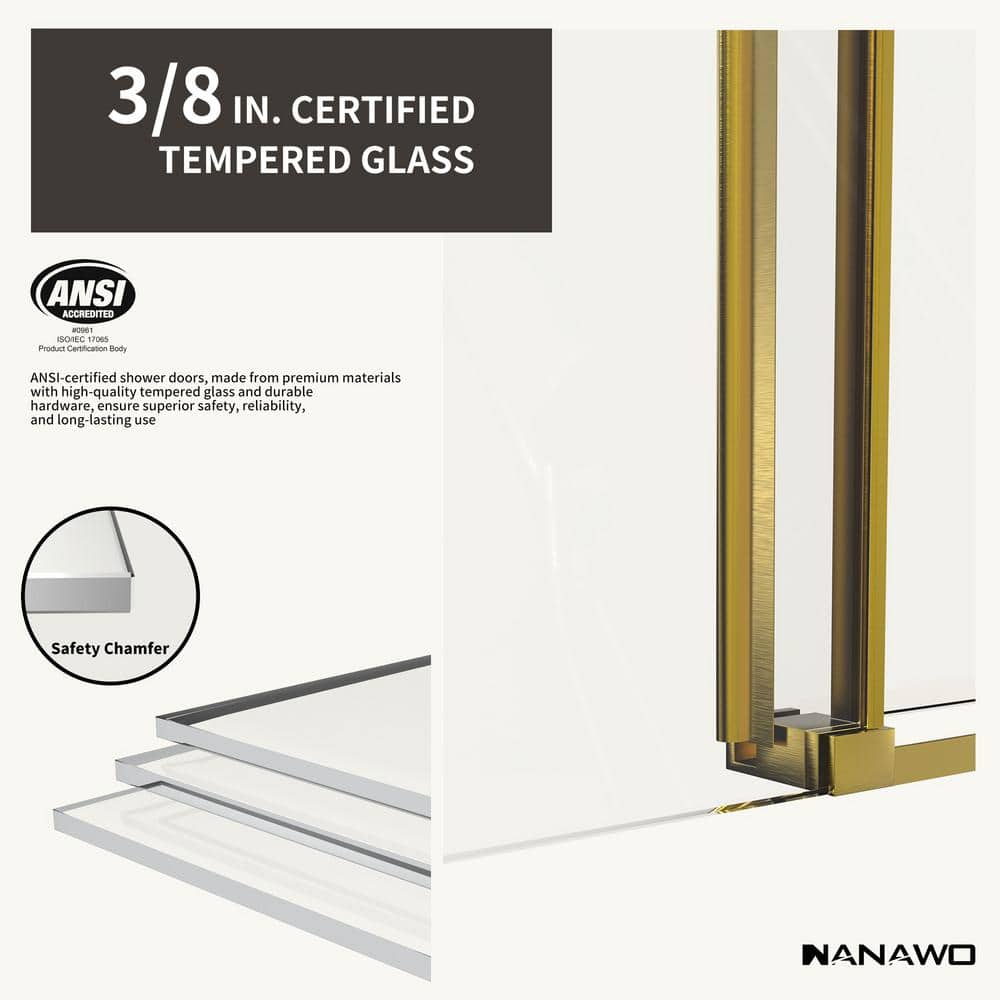 NANAWO 60 in. W x 80 in. H Sliding Frameless Shower Door in Brushed Gold with 3/8 in. Clear Glass