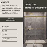 NANAWO 60 in. W x 80 in. H Sliding Frameless Shower Door in Brushed Gold with 3/8 in. Clear Glass