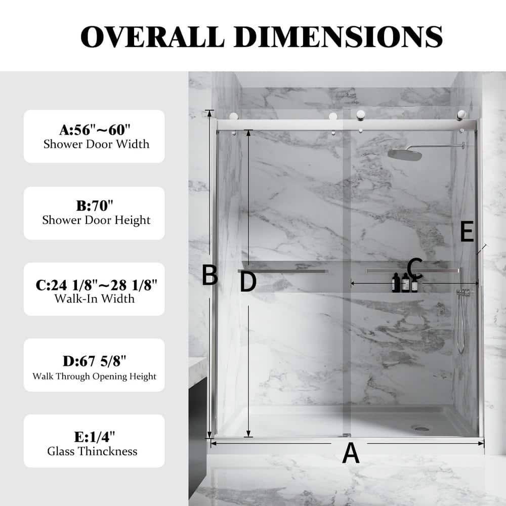 NANAWO 60 in. W x 74 in. H Double Sliding Frameless Shower Door in Polished Chrome with 5/16 in. Clear Tempered Glass