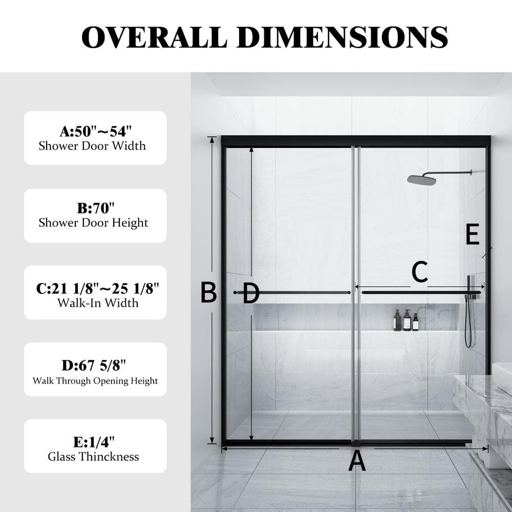 NANAWO 50 in. W to 54 in. W x 70 in. H Framed Bypass Sliding Shower Door with 1/4 in. Tempered Glass and Matted black finish
