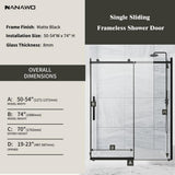 NANAWO Obsidian 54 in. W x 74 in. H Single Sliding Frameless Shower Door in Matt Black with Clear 5/16 in. Glass