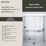 NANAWO HAIMA 54 in. W x 74 in. H Single Sliding Frameless Shower Door in Chrome with Clear 5/16 in. Glass