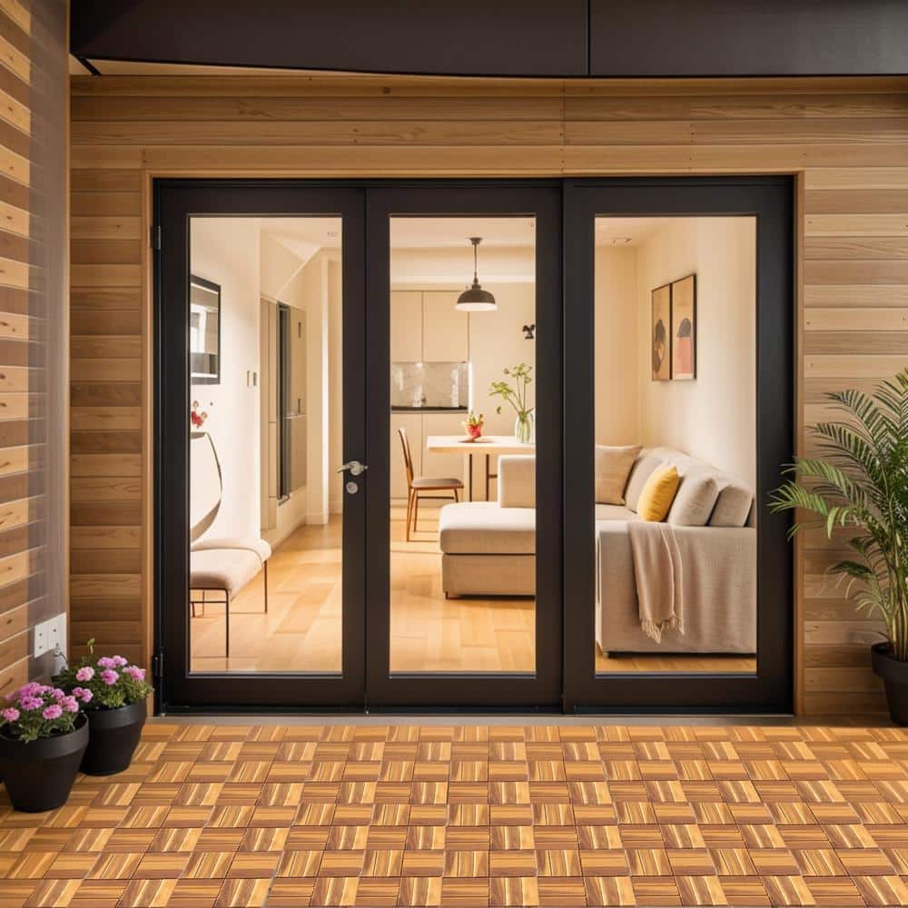 Yangming 12 in. W x 12 in. L Square Patio Natural Color Wood Interlocking Flooring Deck Tiles Mosaic Pattern (10-Pack)
