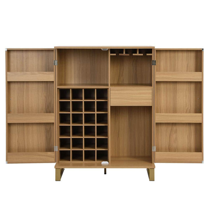 FUNKOL 31.5 in. x 18.5 in. x 42.5 in. Natural Color MDF Carved Wine Cabinet with 2 Folding-Doors and Multiple Wine Racks