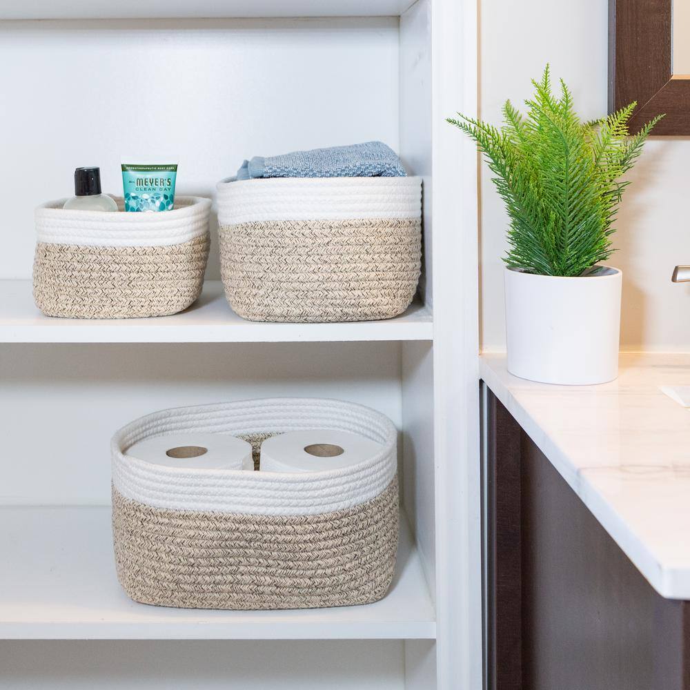 HOME-COMPLETE Tan Cube Storage Bin Rope Baskets 3-Piece Set