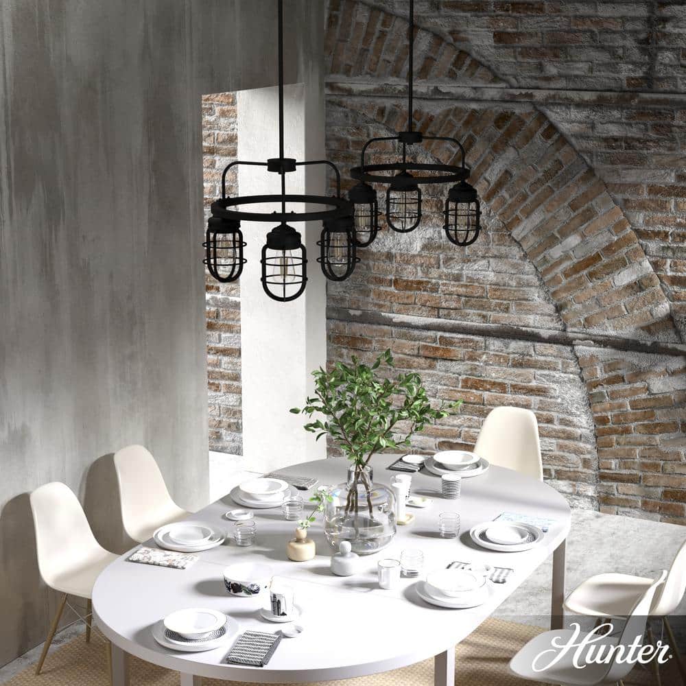 Hunter Starklake 3-Light Natural Iron Wagon Wheel Chandelier with Caged Metal Shades