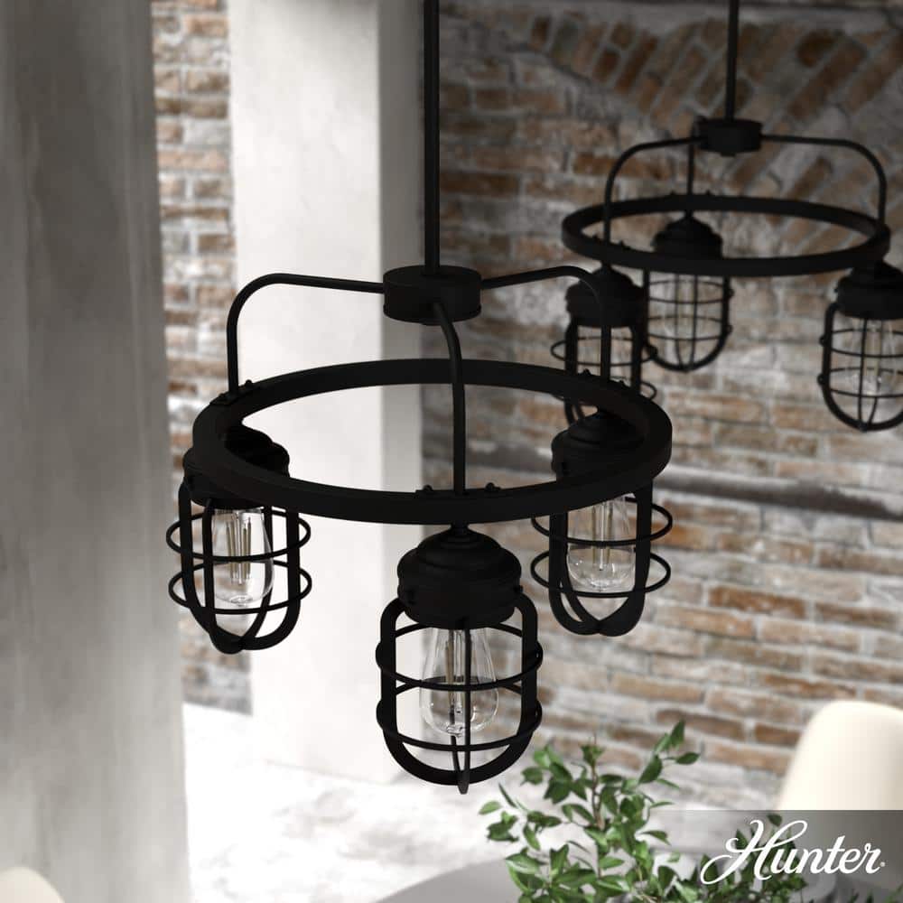 Hunter Starklake 3-Light Natural Iron Wagon Wheel Chandelier with Caged Metal Shades