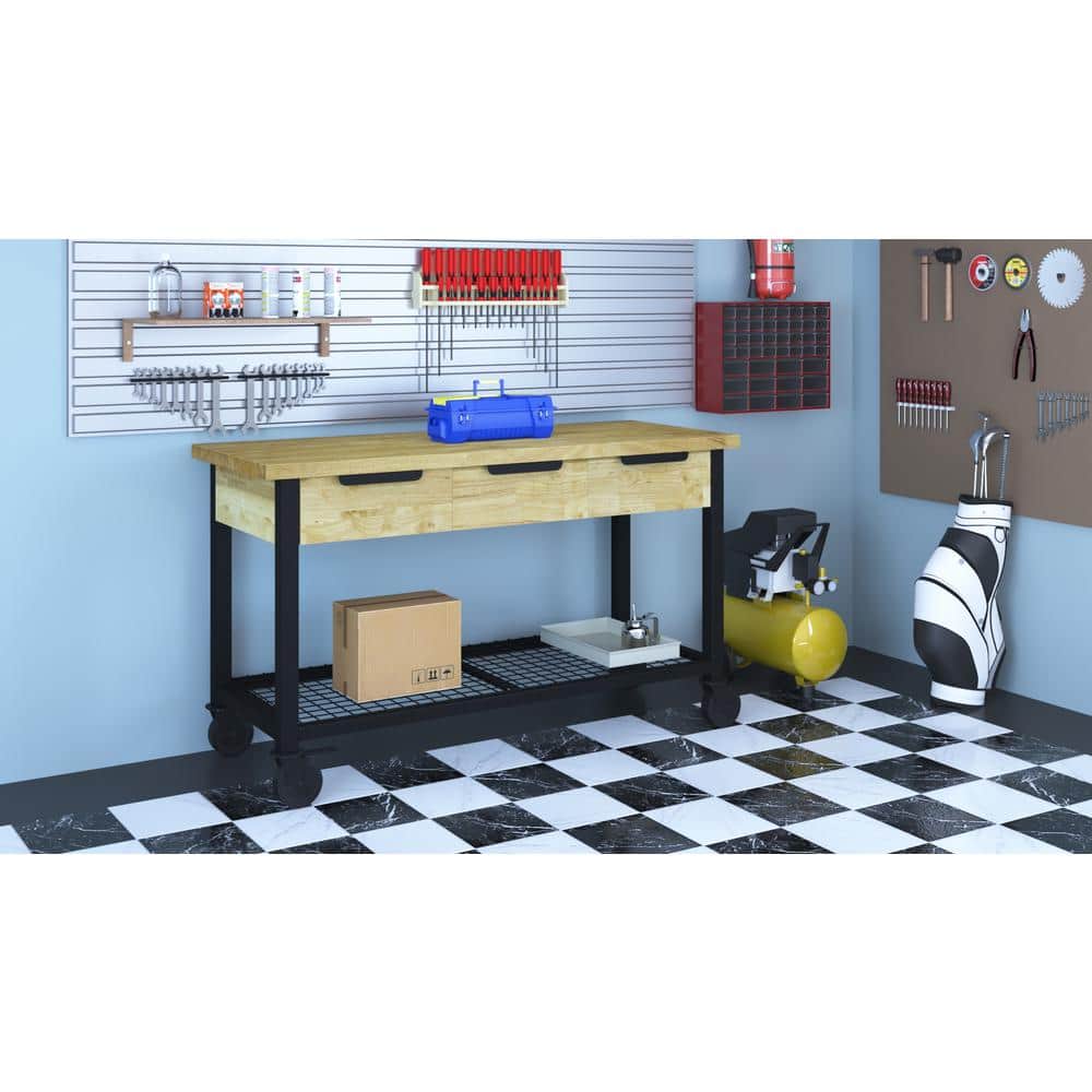 DURAMAX Rove 62 in. W x 24 in. D 3-Drawer Maple Rubberwood Mobile Workbench with Solid Wood Top