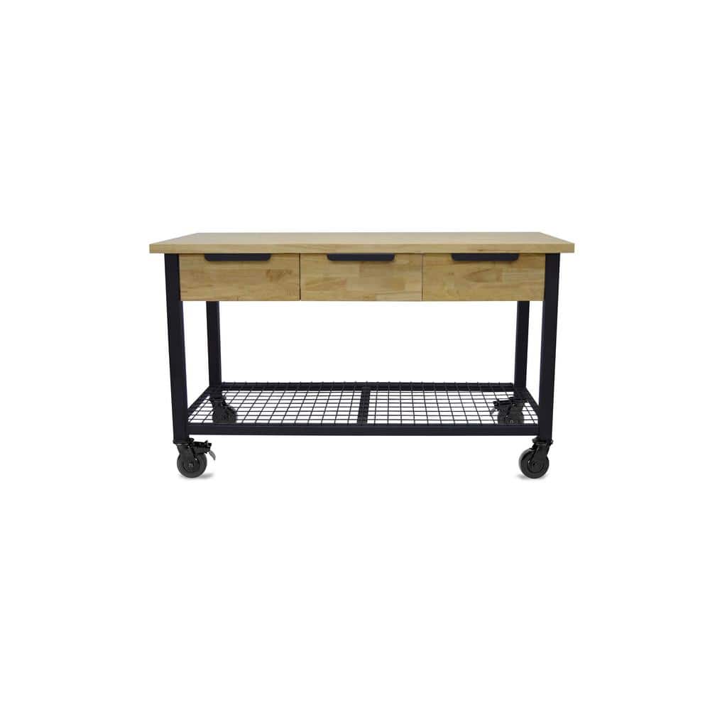 DURAMAX Rove 62 in. W x 24 in. D 3-Drawer Maple Rubberwood Mobile Workbench with Solid Wood Top