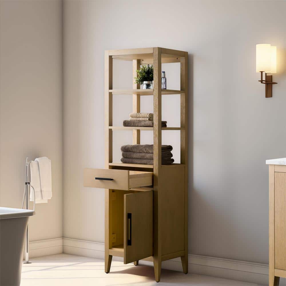 Vanity Art 21 in. W x 17 in. D x 72 in. H Brown MDF Floor Standing Linen Cabinet with Soft Close Door in Natural Oak/MB