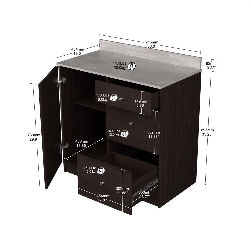 Inval 36.02 in. W x 19.69 in. D x 37.80 in. H Natural Stone/Espresso Ready to Assemble Wood Breakroom Base Kitchen Cabinet