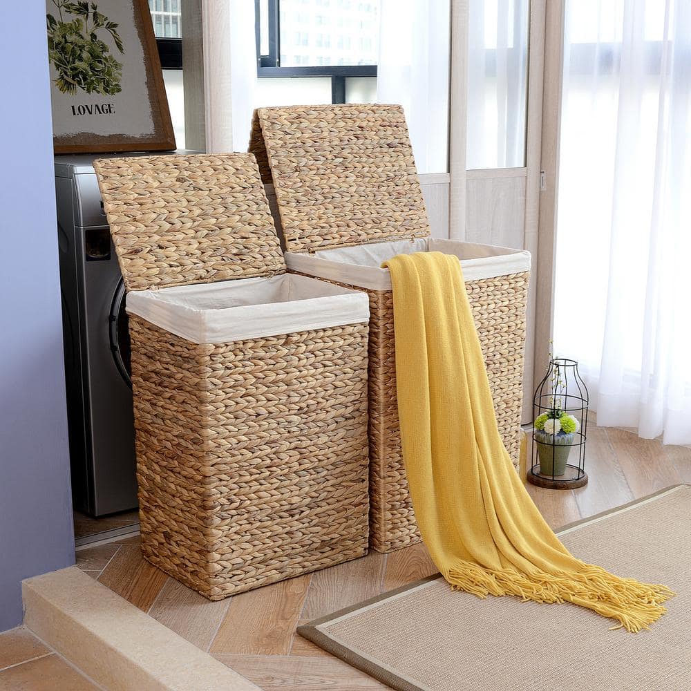 Villacera 26 in. H Portable Handmade Water Hyacinth Wicker Laundry Hamper with Lid in Natural (2-Pack)